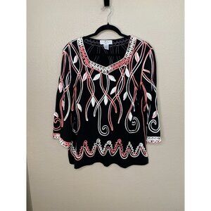 Once 1 Again Plus Embroidered Black 3/4 Sleeve Top Size 1X Pink & White Accents